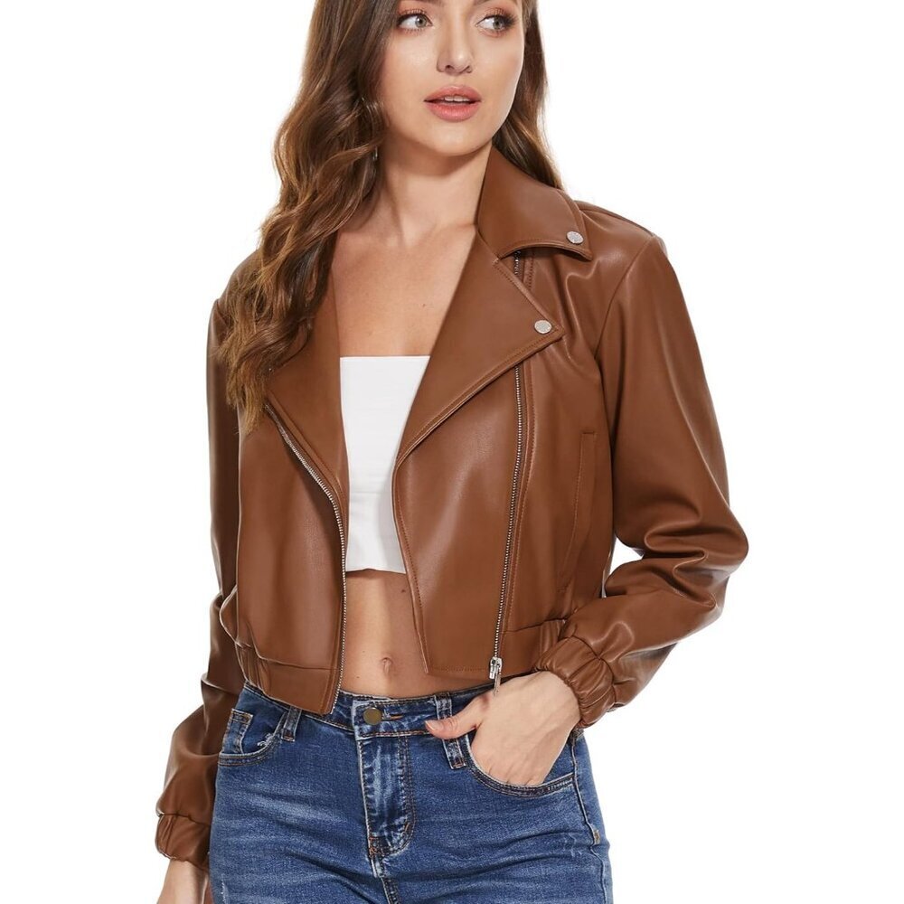 🆕Women Brown Faux Leather Motorcycle Short Jacket Casual Biker Coat